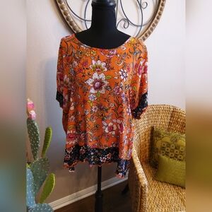 Floral Orange Short-Sleeve Tunic Top